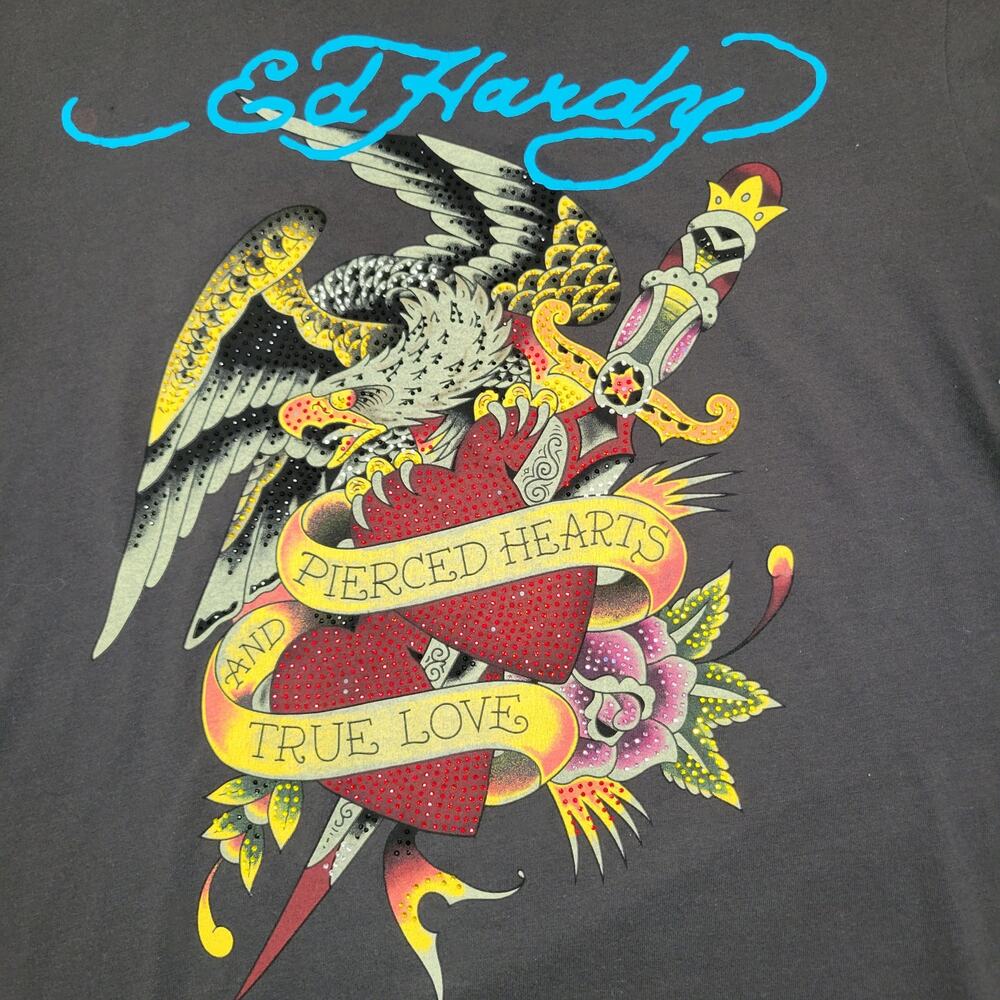 Ed Hardy Pierced Hearts and True Love Eagle Sword Unisex T-shirt Gray XL Bling - Picture 2 of 8